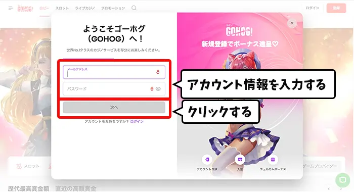 アカウント情報を入力する